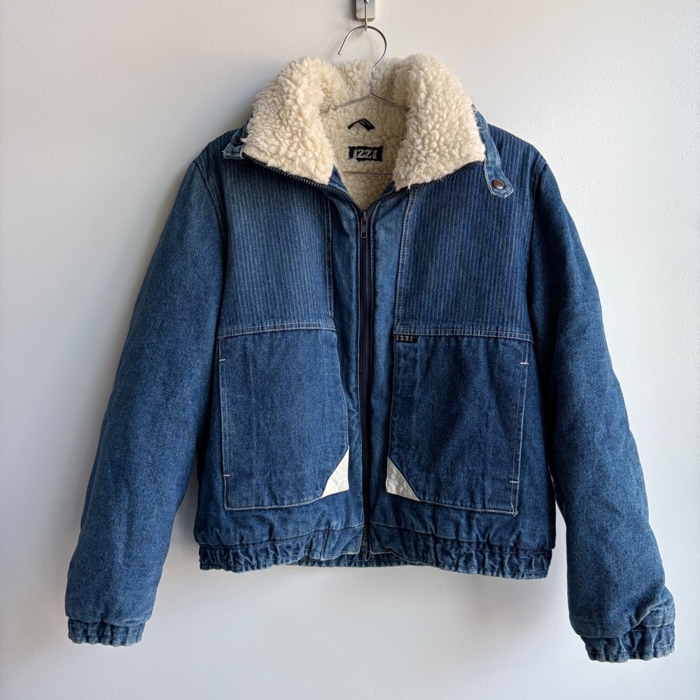 Vintage Izzi Denim Sherpa Lined Jacket Blue Pinstripe Zip Up